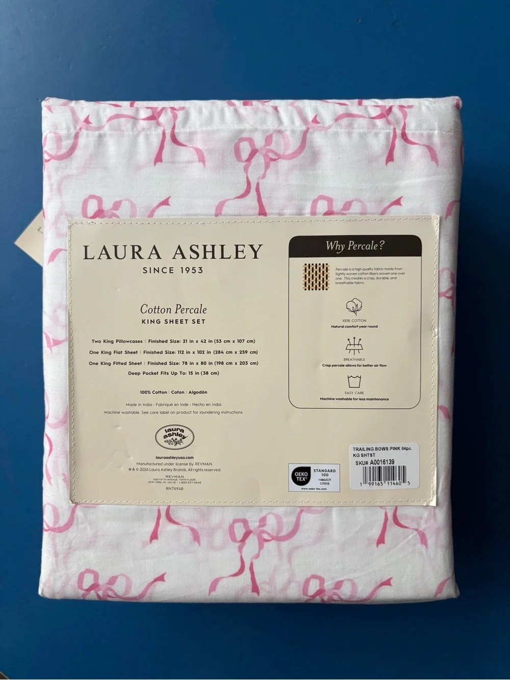 Laura Ashley Pink Ribbons Trailing Bows 4PC King Sheet Set Cotton Percale NWT